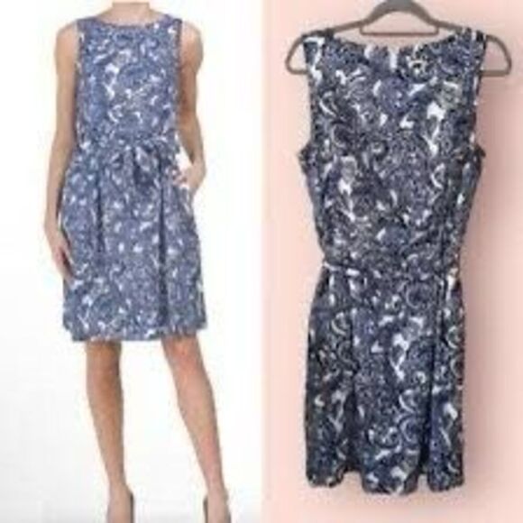 Anne Klein Sz 8 Sleeveless A-Line Dress Blue Paisley Preppy Old Money Aesthetic - Picture 1 of 11